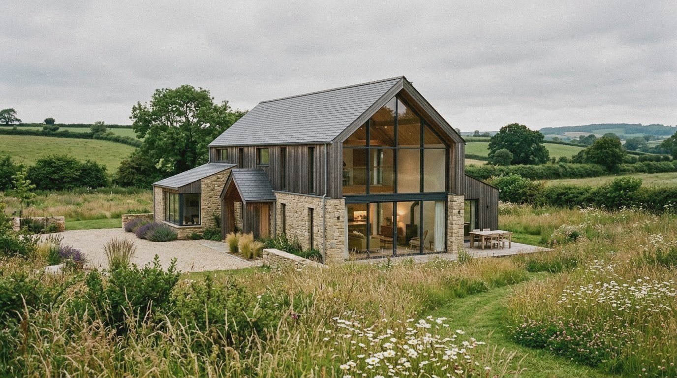 New build stone and timber house in the countryside